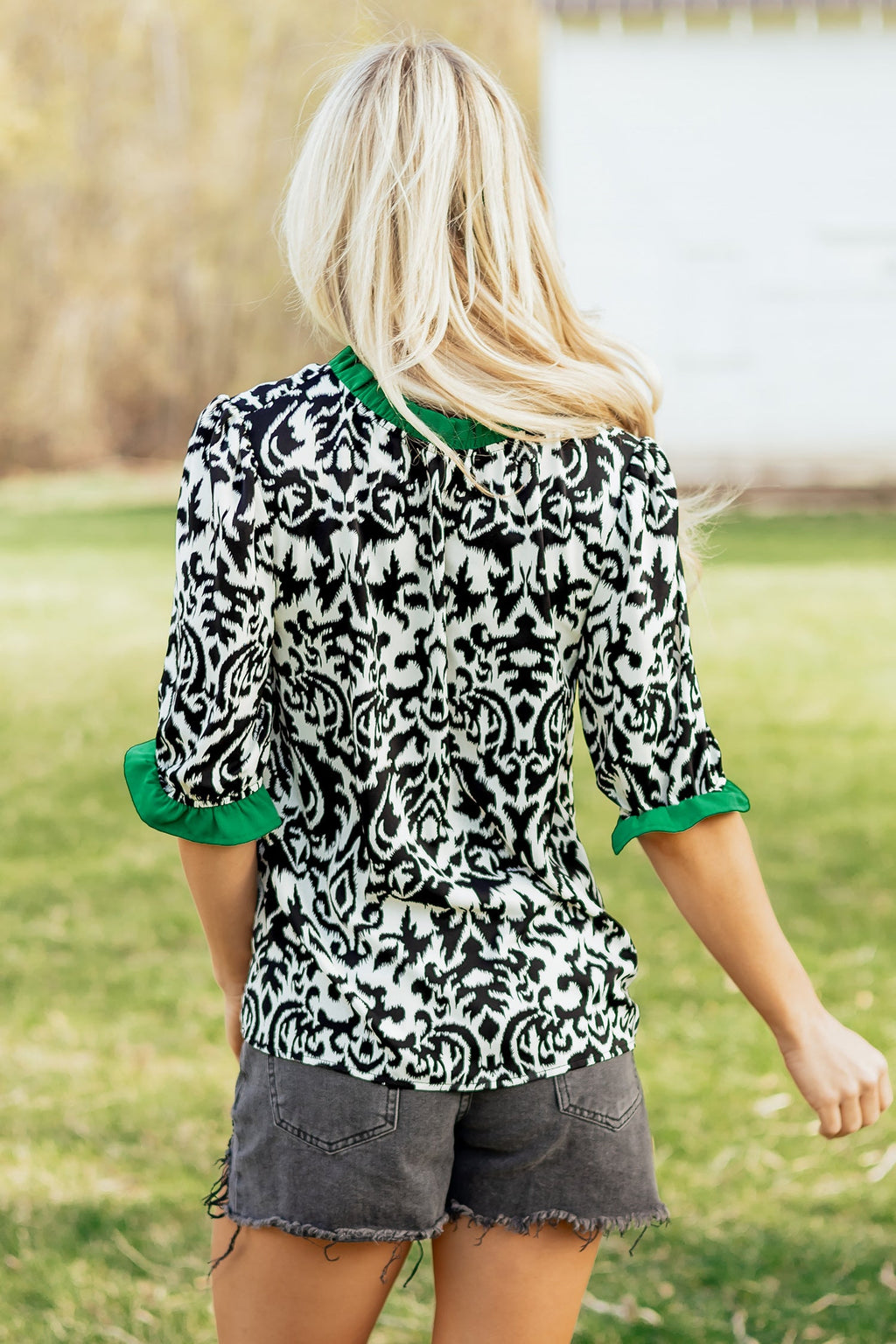 Abstract Damask Colorblock Ruffle 3/4 Sleeve Blouse