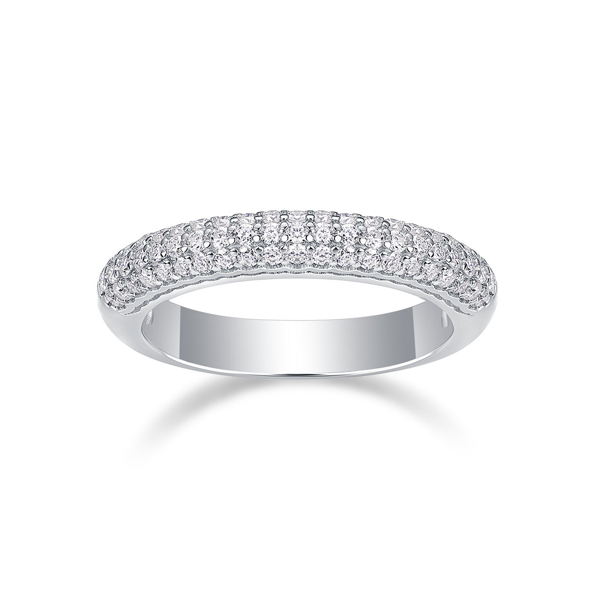 S925 Silver 3.3g Platinum Plated Moissanite Ring, 4.0mm 63pcs D VVS1 Micro Pave Band, GRA Certified US 5-9
