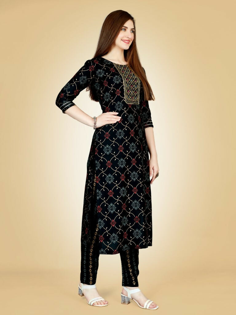 Women's Black Embroidered Viscose Rayon Straight Kurta Pant Set