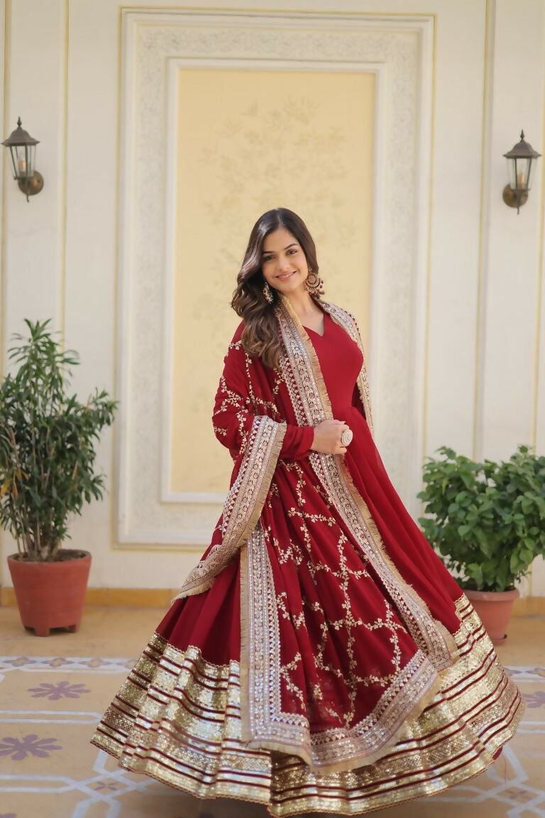 Maroon Faux Blooming Sequins Zari Embroidered Anarkali Dress
