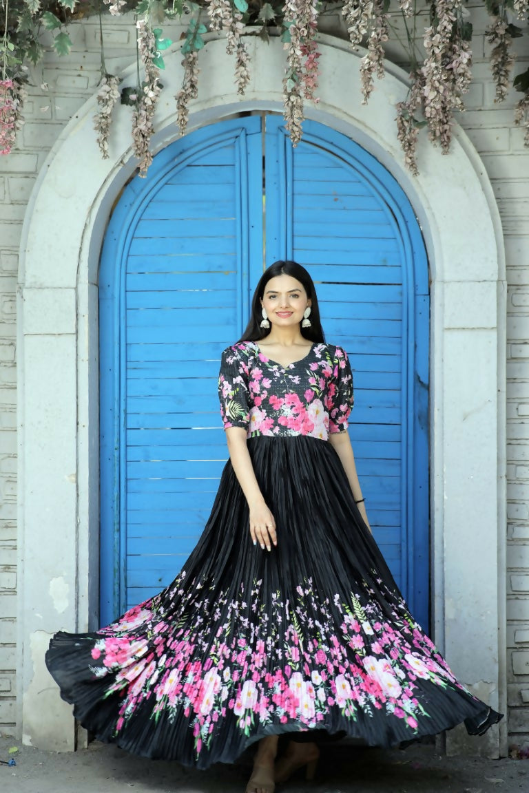 Black floral digital printed Chinon Anarkali dress with floor length hem