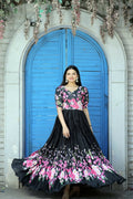 Black floral digital printed Chinon Anarkali dress with floor length hem