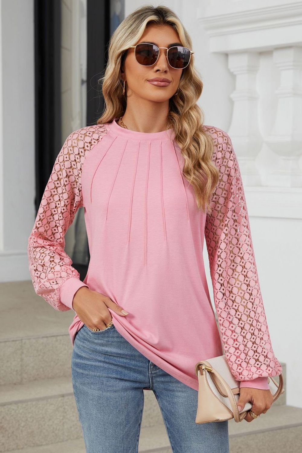 Women's White Round Neck Long Sleeve Lace Detail Casual Top - Image 17