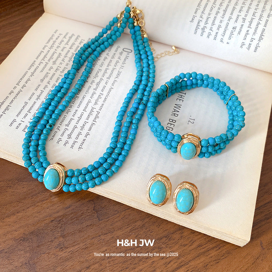 European And American Multi-Layered Green Stone Beaded Necklace For Women, Fashionable And Simple Clavicle Chain, Retro Ethnic Style Necklace Wholesale