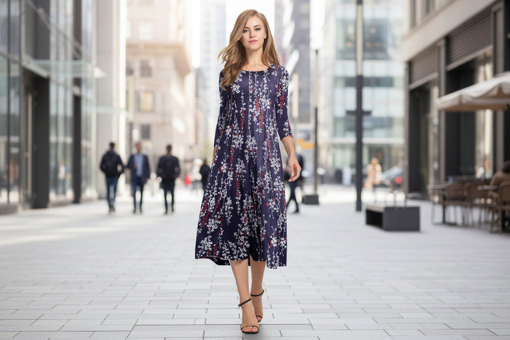 Women’s Floral Print Midi Dress with Three-Quarter Sleeves - Image 3