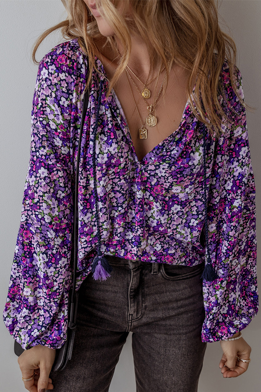 Boho Flower V-Neck Bubble Sleeve Top