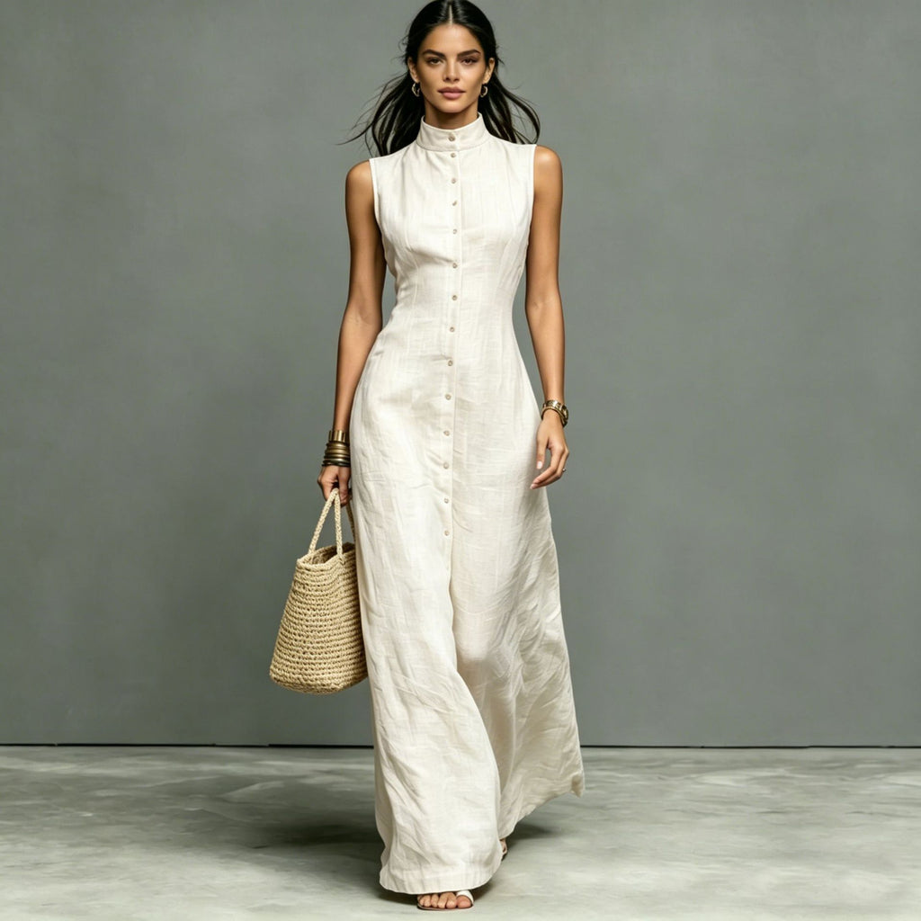 Women's Sleeveless Stand-Collar Button-Front Midi Dress - Image 6