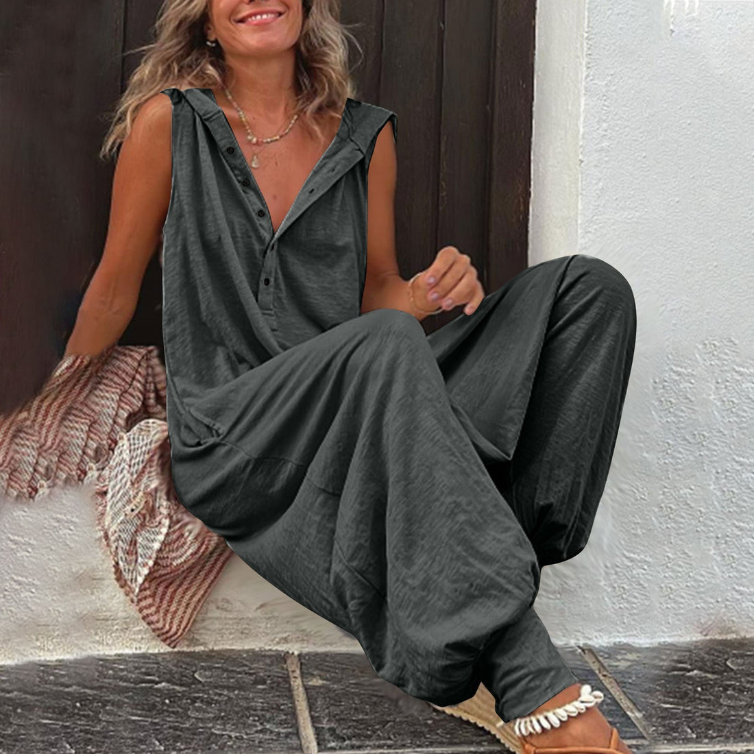 Women's Sleeveless Hooded Relaxed Fit Jumpsuit One-Piece Romper - Image 6