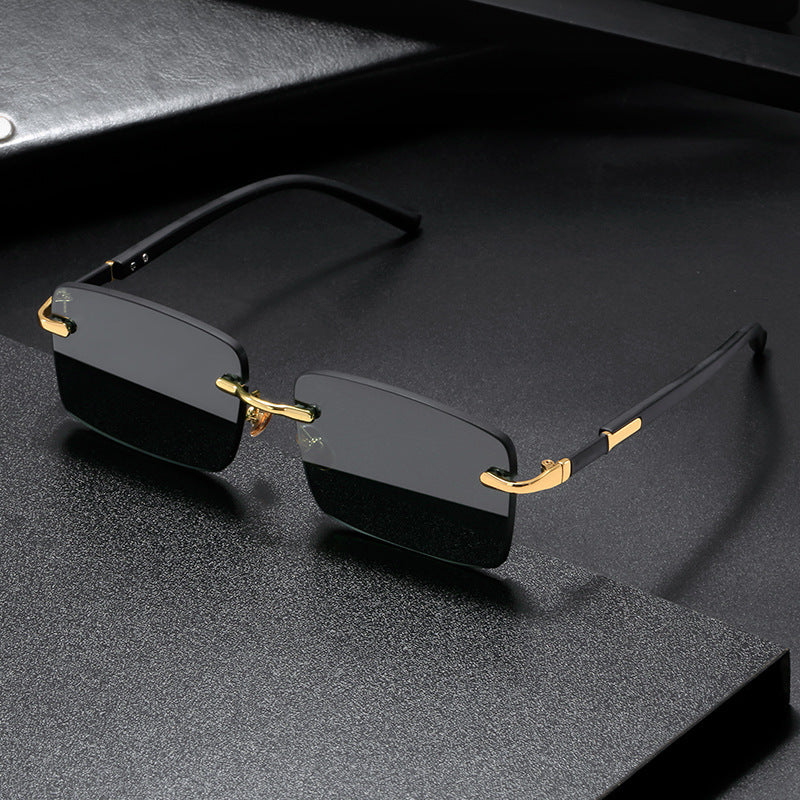 Minimalist rimless sunglasses with subtle crystal detailing in gold