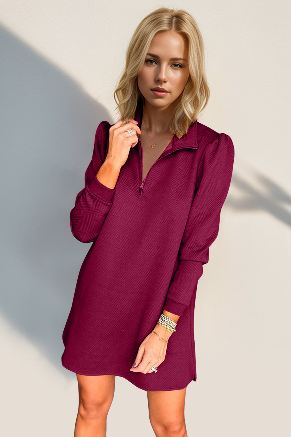 Textured Zip-Front Long Sleeve Dress - Elegant Women's Apparel