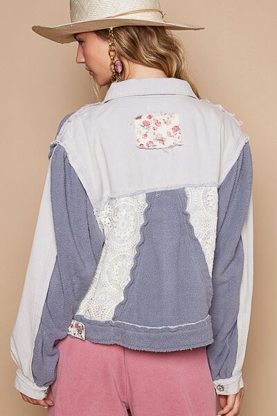 Artistic Crochet Patchwork Button Up Jacket in Grey Blue White