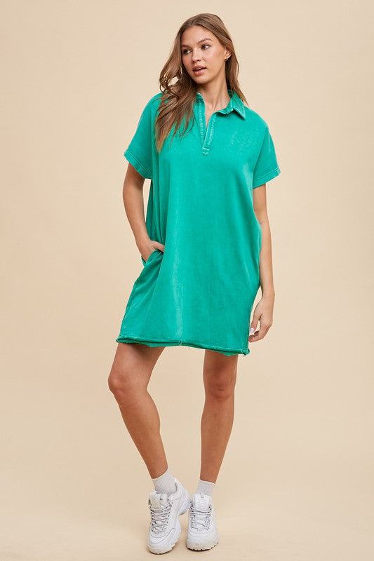 Turquoise Mineral Wash Short Sleeve Casual Dress