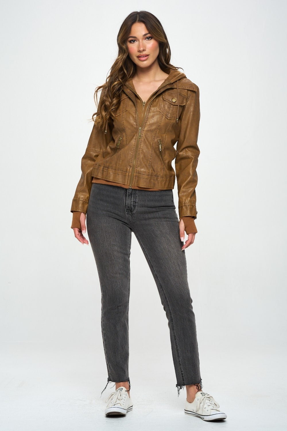 Women's Vegan Leather Double Zip Hooded Jacket Urban Outerwear