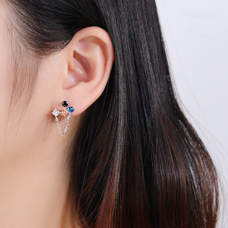 S925 Silver Asymmetric Multicolor Zircon Tassel Drop Earrings