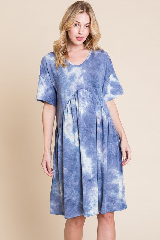 Women's Tie-Dye V-Neck Half Sleeve Dress - Casual Bohemian Style