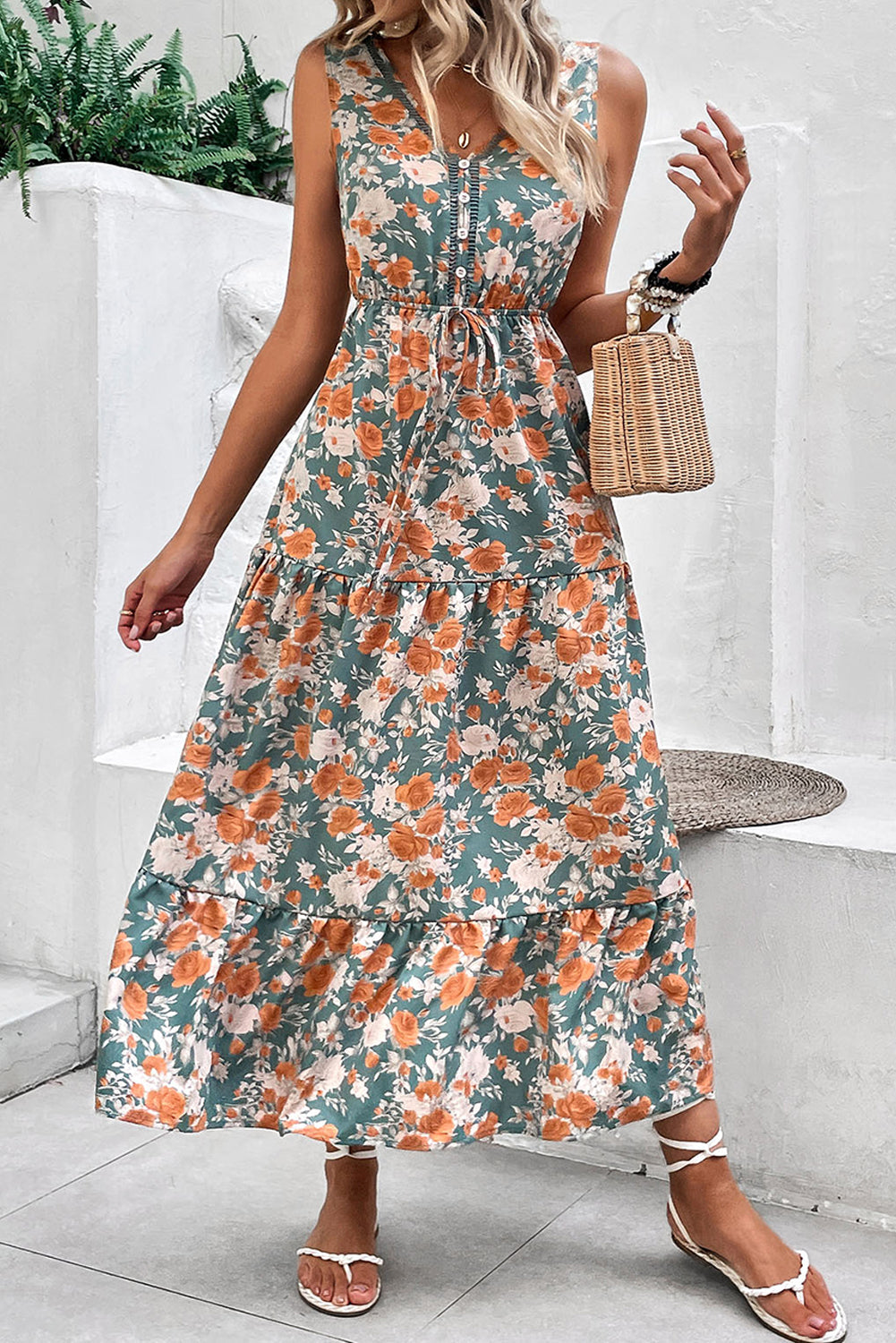 Green Floral V-Neck Tie Waist Maxi Dress | Sleeveless A-Line