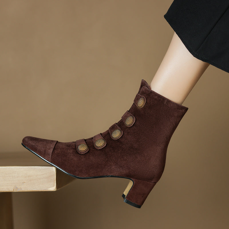 Women's Retro Brown Suede Button Detail Chunky Heel Ankle Boots - Image 2
