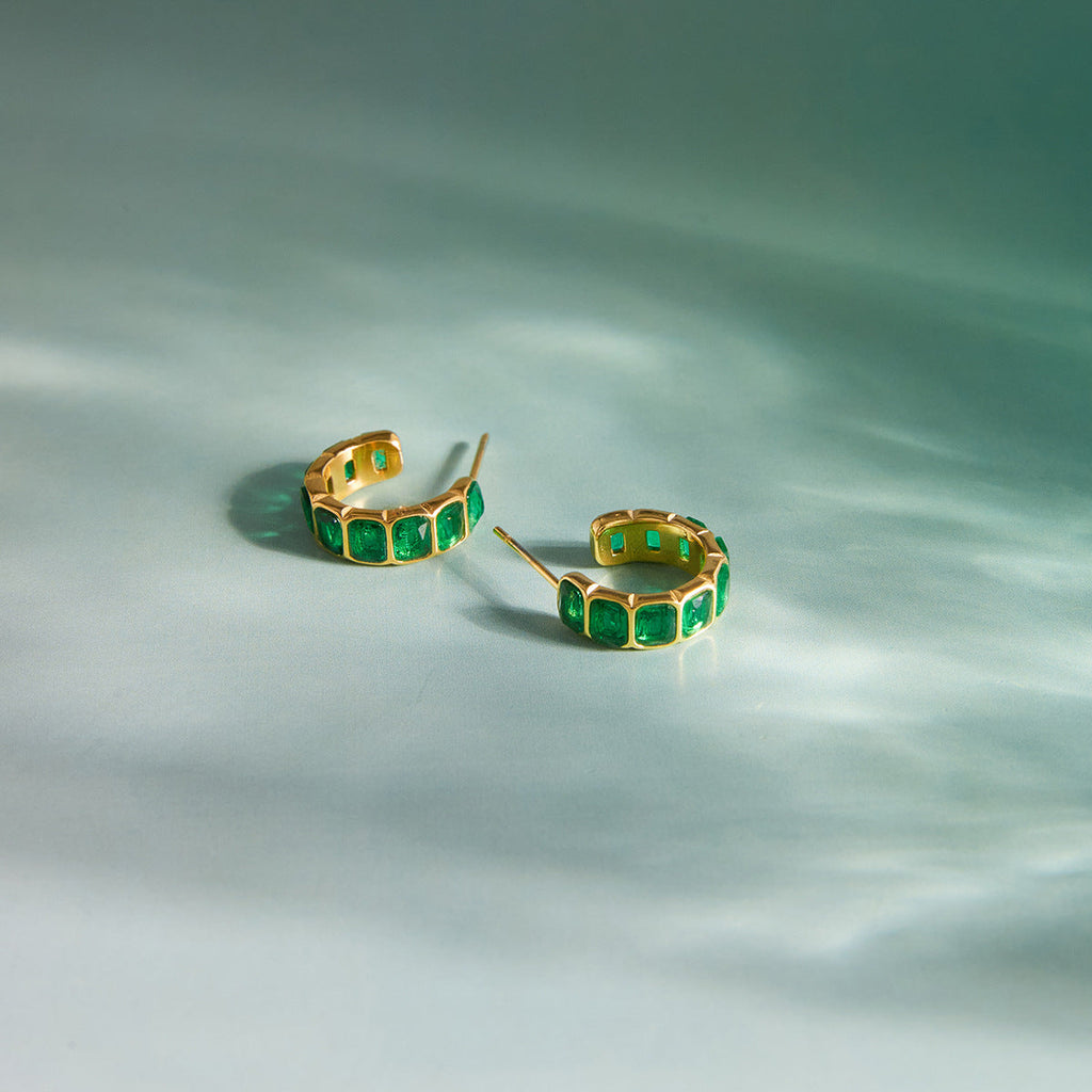 Green Zircon Hoop Earrings with Tassel Drop in Stainless Steel