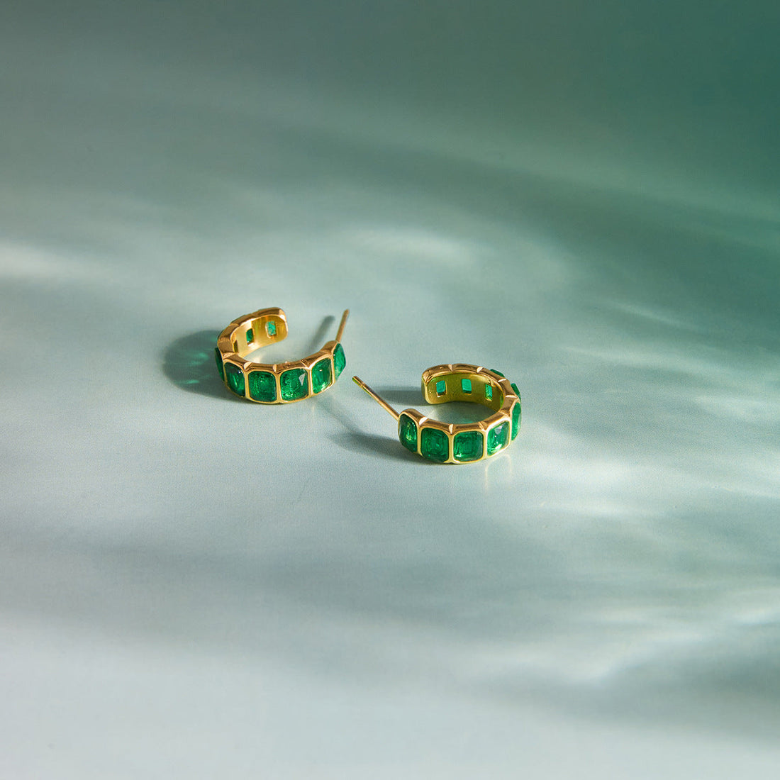 Green Zircon Hoop Earrings with Tassel Drop in Stainless Steel