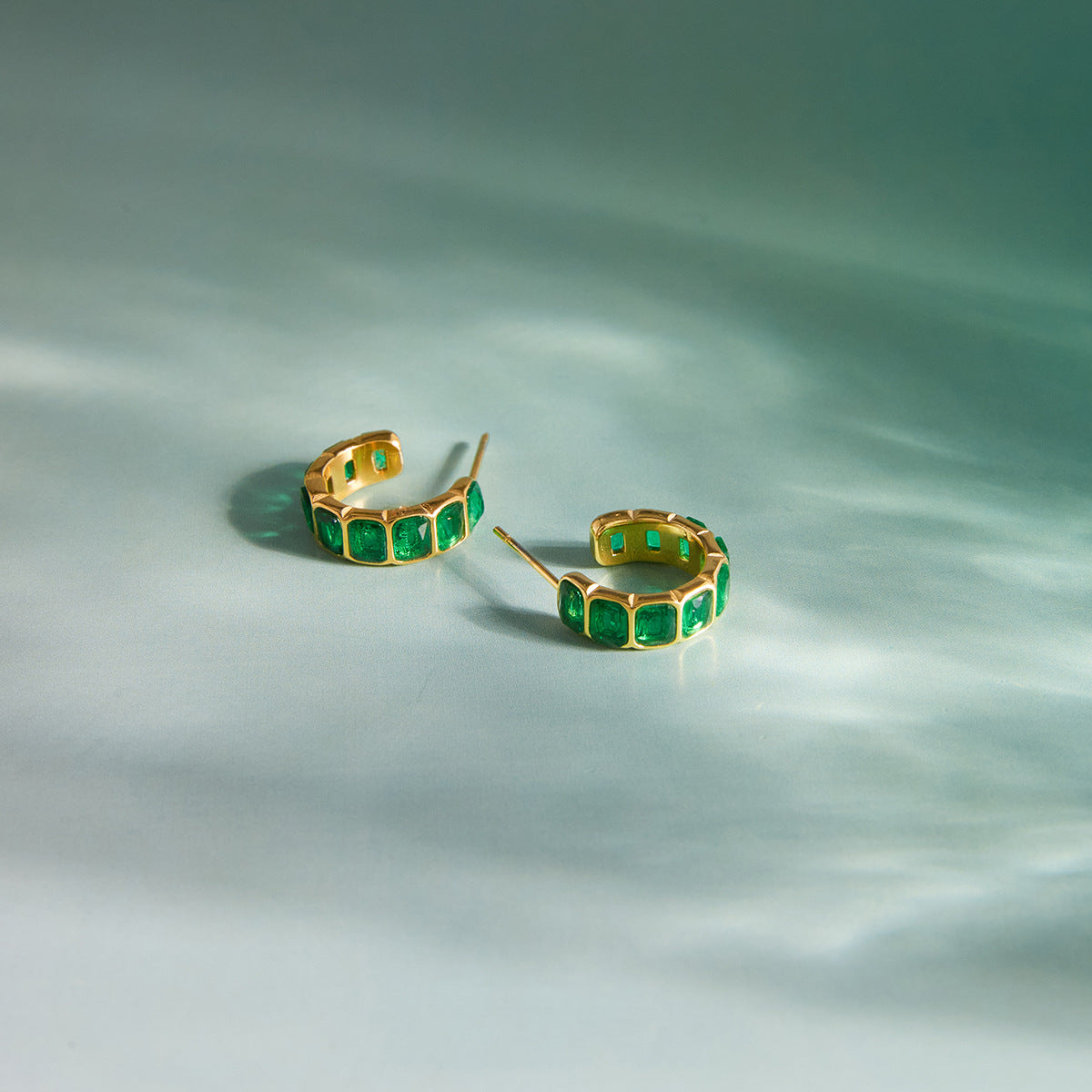 Green Zircon Hoop Earrings with Tassel Drop in Stainless Steel