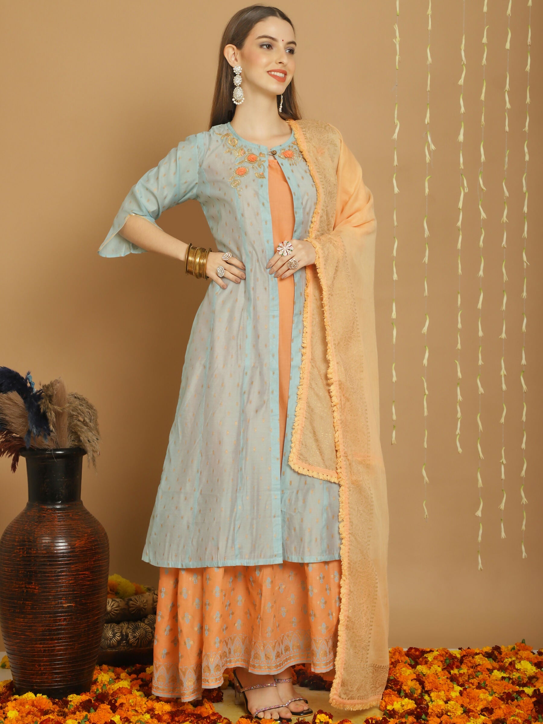 Turquoise Chanderi Silk A-Line Kurta Set with Jardoshi Work