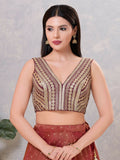 Women's Wine Sequin V-Neck Stitched Blouse with elegant shimmer finish