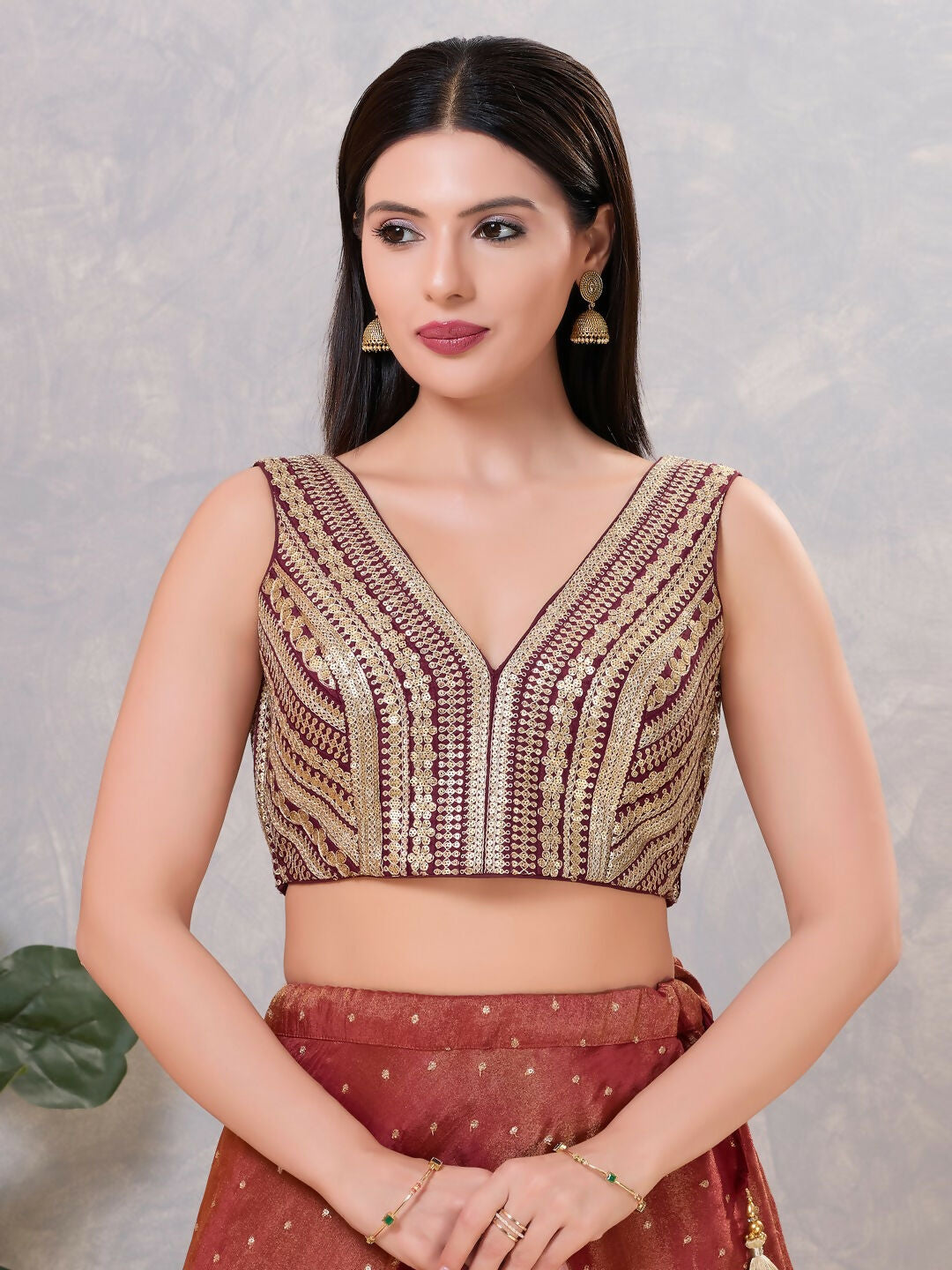 Women's Wine Sequin V-Neck Stitched Blouse with elegant shimmer finish