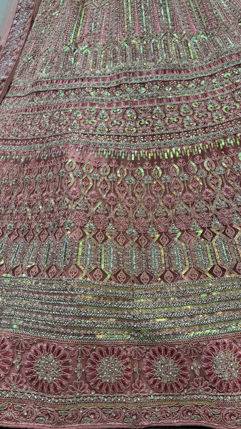 Pink Heavy Net Wedding Lehenga Choli with Rainbow Sequins & Dori