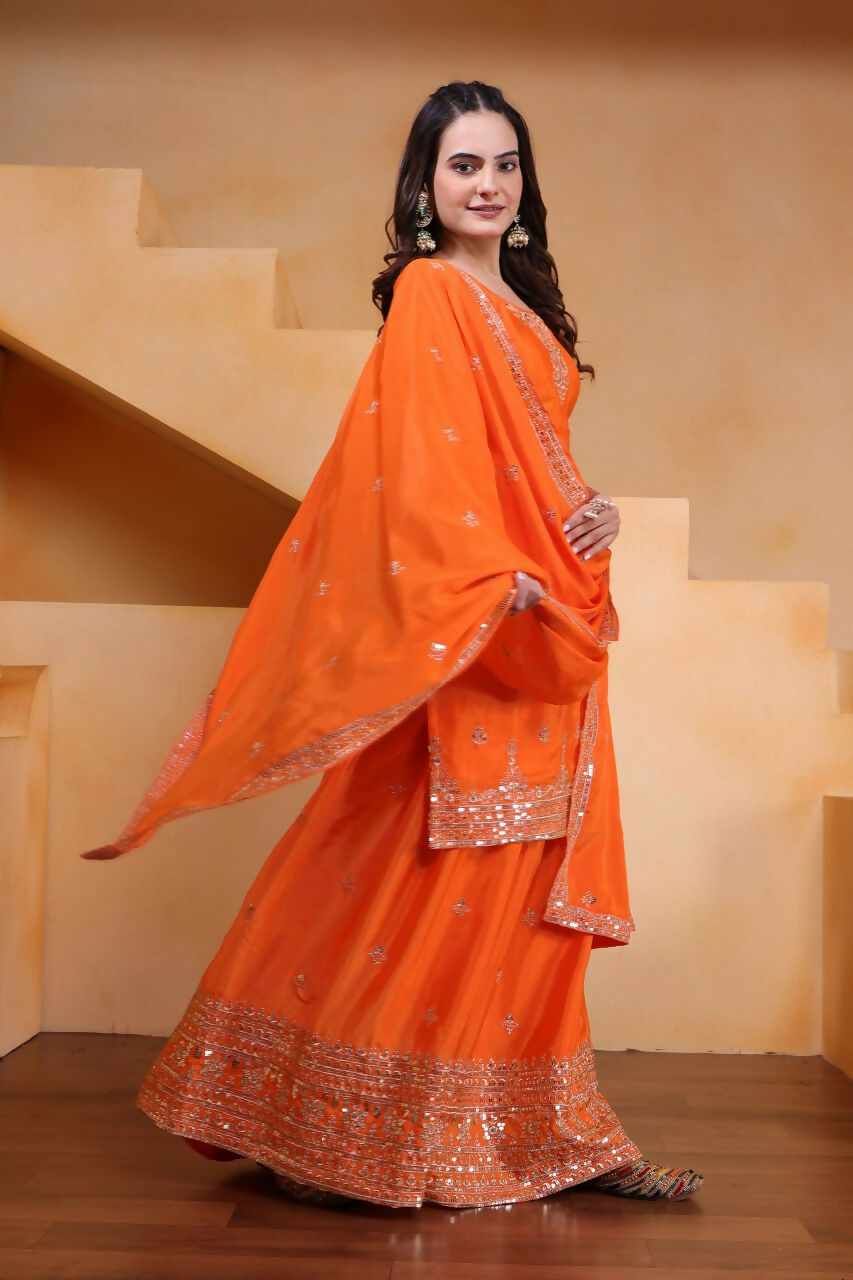 Orange Silk Embroidered Sharara Set for Wedding Guest Wear