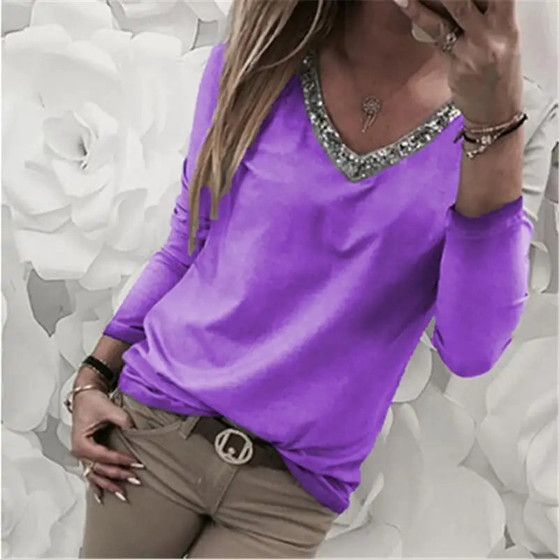 Women's Black Long Sleeve V Neck T-Shirt with Sequin Trim - Image 12