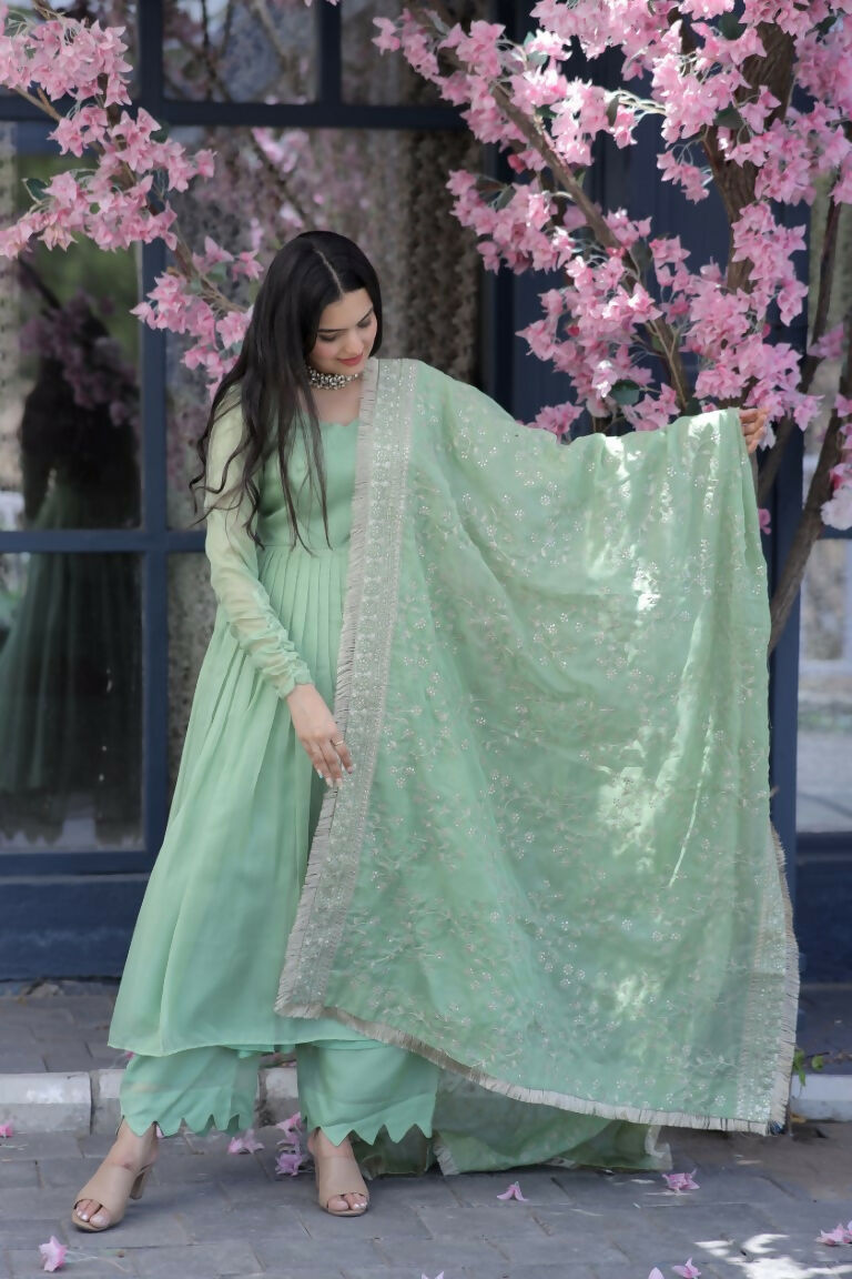 Women's Pista Tabby Silk A-Line Kurta Set with Trouser & Dupatta