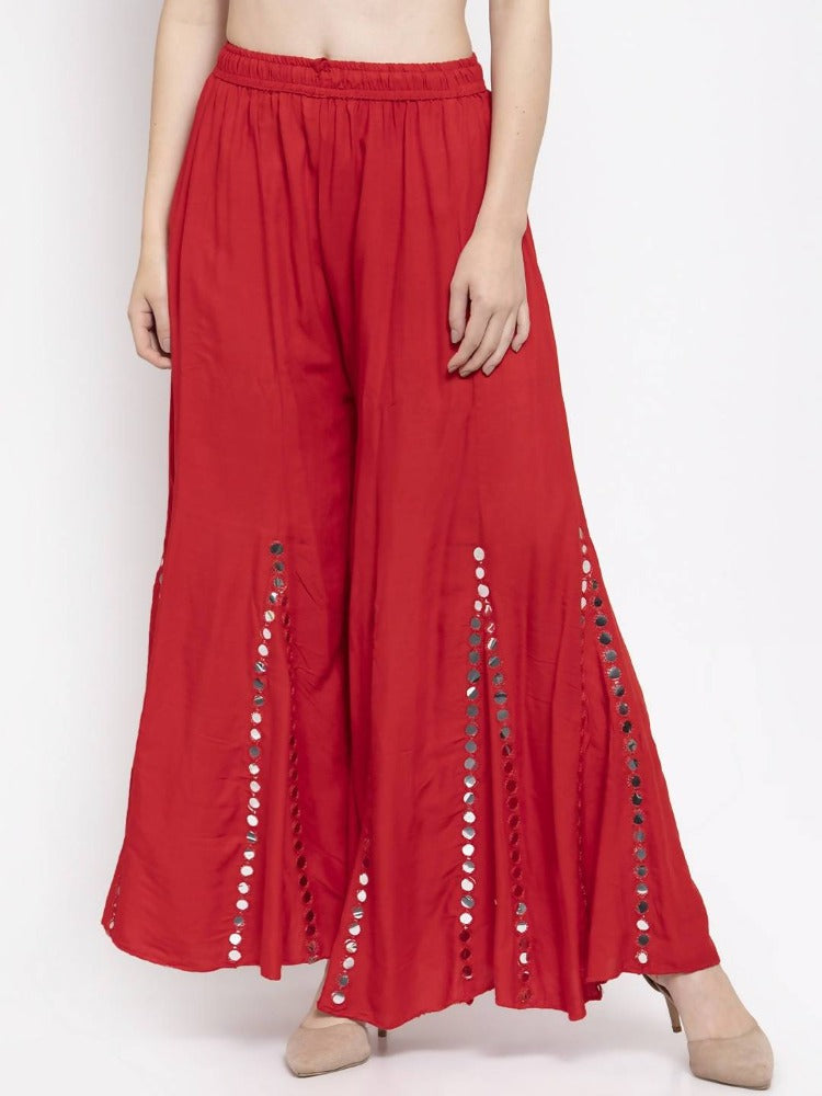 Red Mirror Work Palazzo Pants - Traditional Ethnic Bottoms