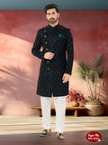 Men's blue velvet Indo-Western kurta set with detailed thread and sequence embroidery
