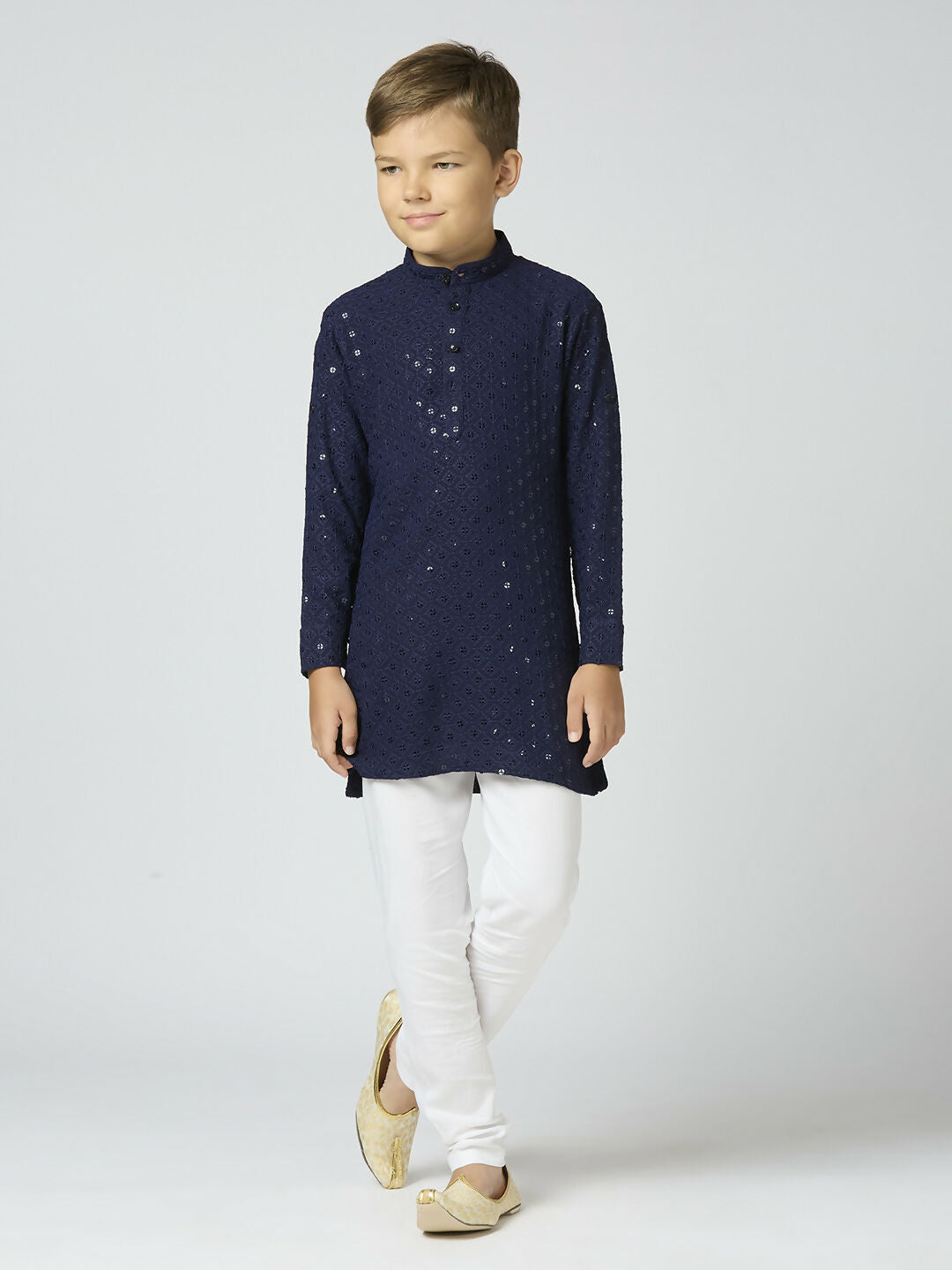 Boys Navy Blue Cotton Kurta and Pyjama Set with Sequin Embellishment