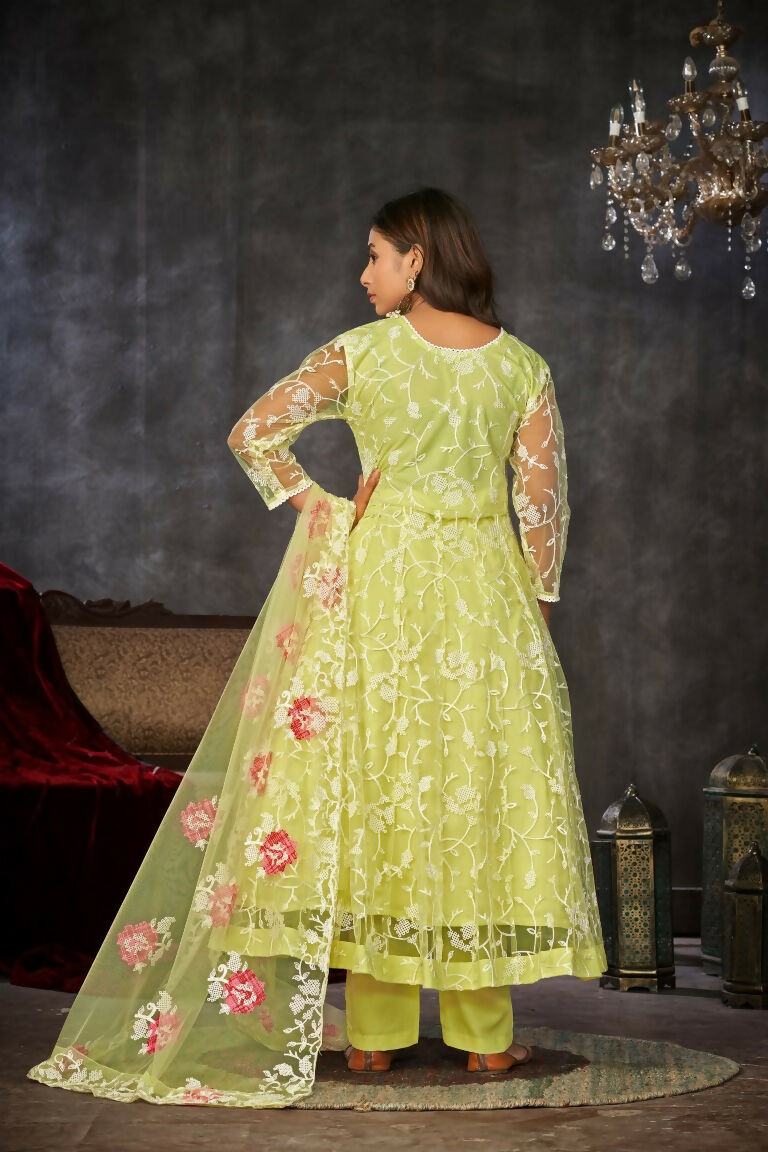 Women's Pista Net Embroidered Anarkali Kurta Pant Set