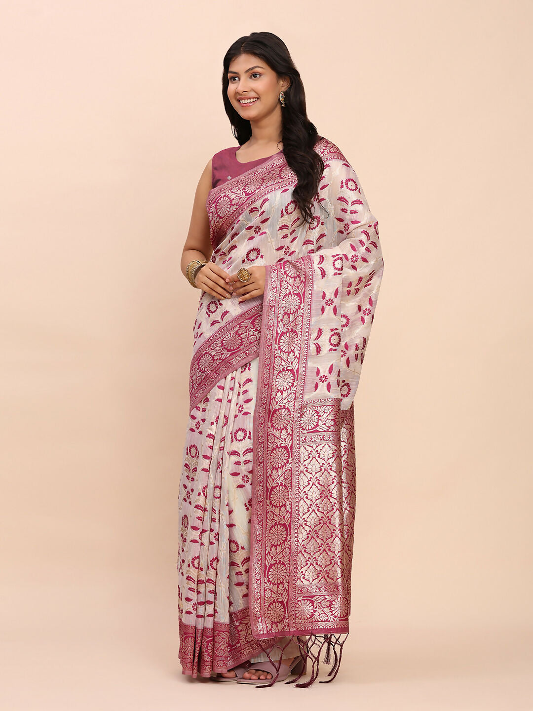 Classic purple linen cotton saree perfect for formal or casual wear.