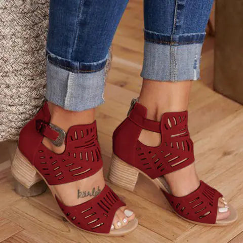 Women's Chunky Heel Sandals with Rhinestone Cutout