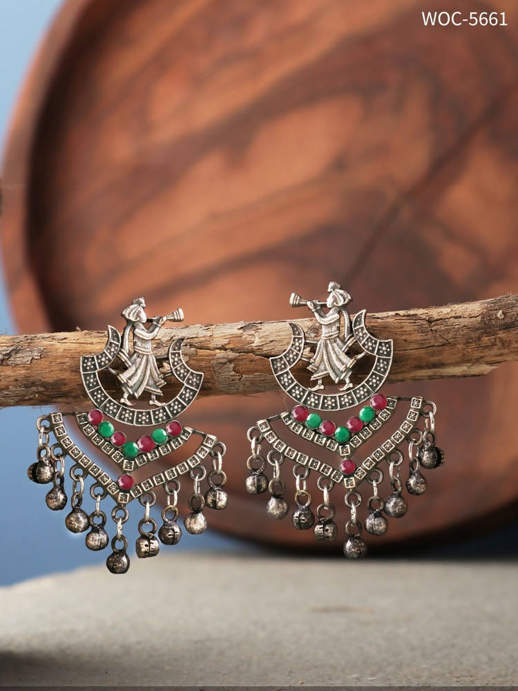 Johar Kamal Oxidised Silver Ghungroo Earrings with Multi Stone
