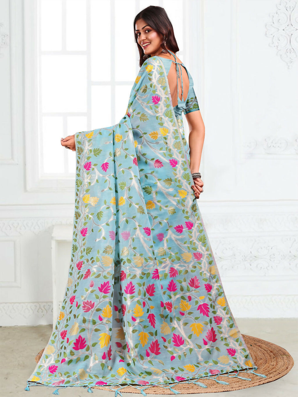 Sky Blue Linen Cotton Saree with Matching Blouse