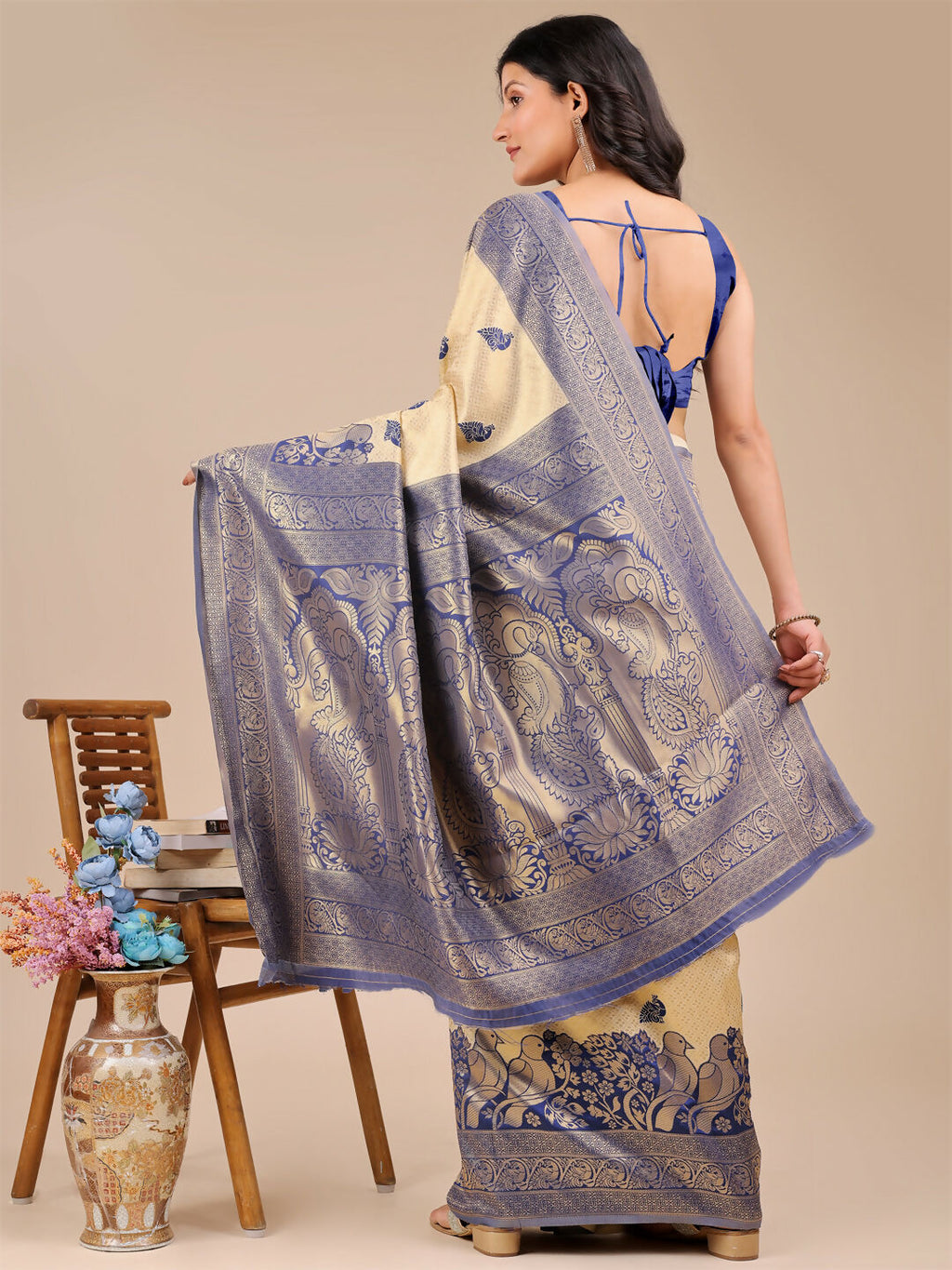 Banarasi Silk Saree in Cream and Navy Blue with Matching Blouse
