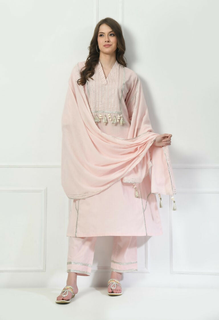 Cream Cotton Kurta Set with Organza Dupatta - 3 Piece Suit