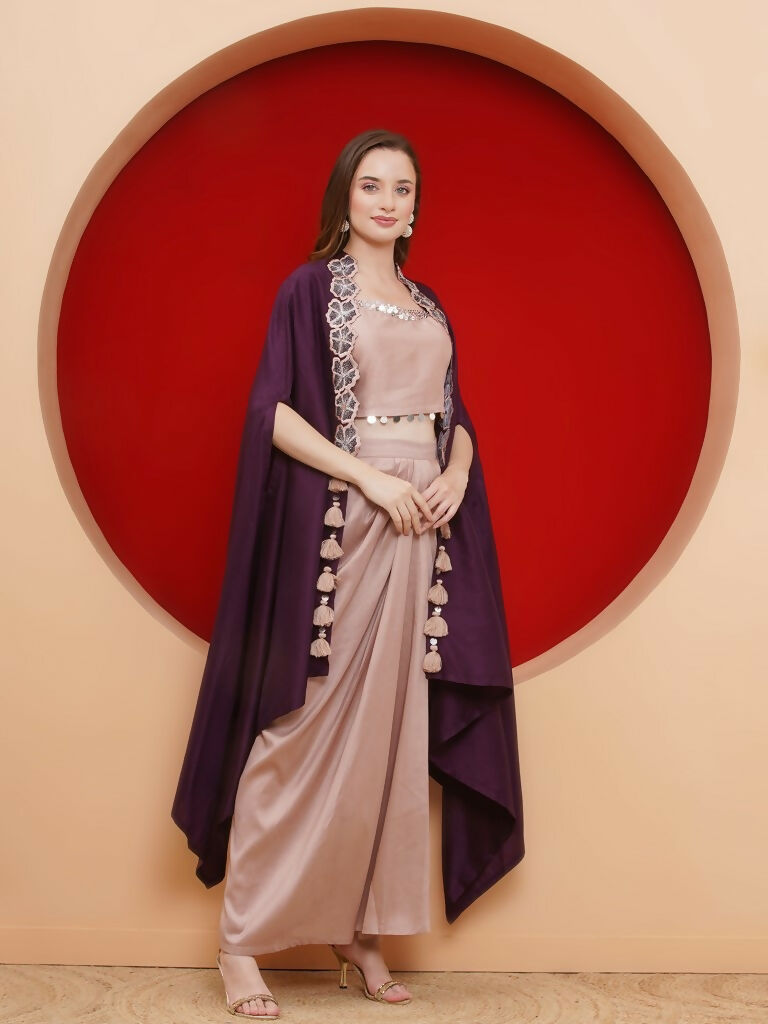 Purple and Rose Gold 3-Piece Skirt Set with Elegant Cape
