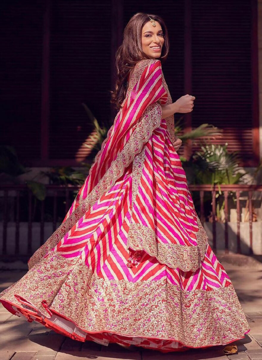 Red & Pink Digital Print Georgette Sequin Embroidered Lehenga