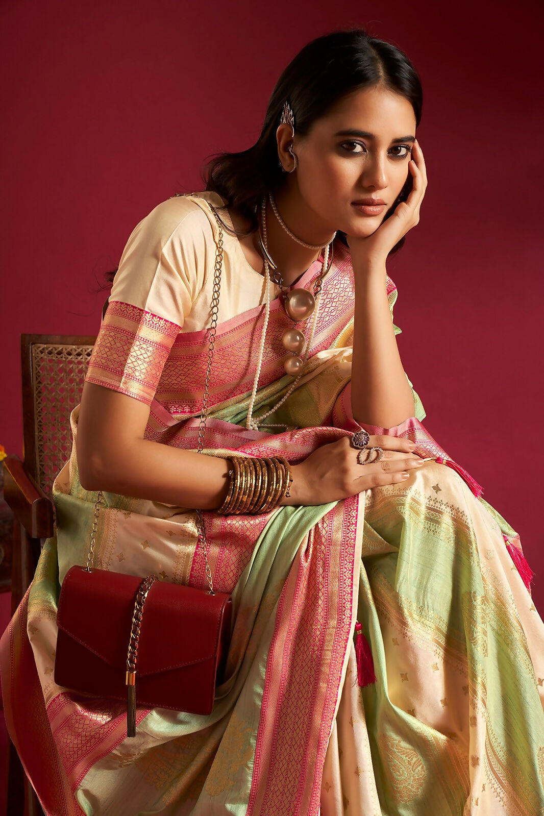 Cream & Sea Green Soft Silk Saree with Traditional Border