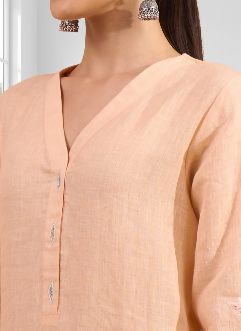Coral Embroidered Linen Long Kurta with Matching Pants Set