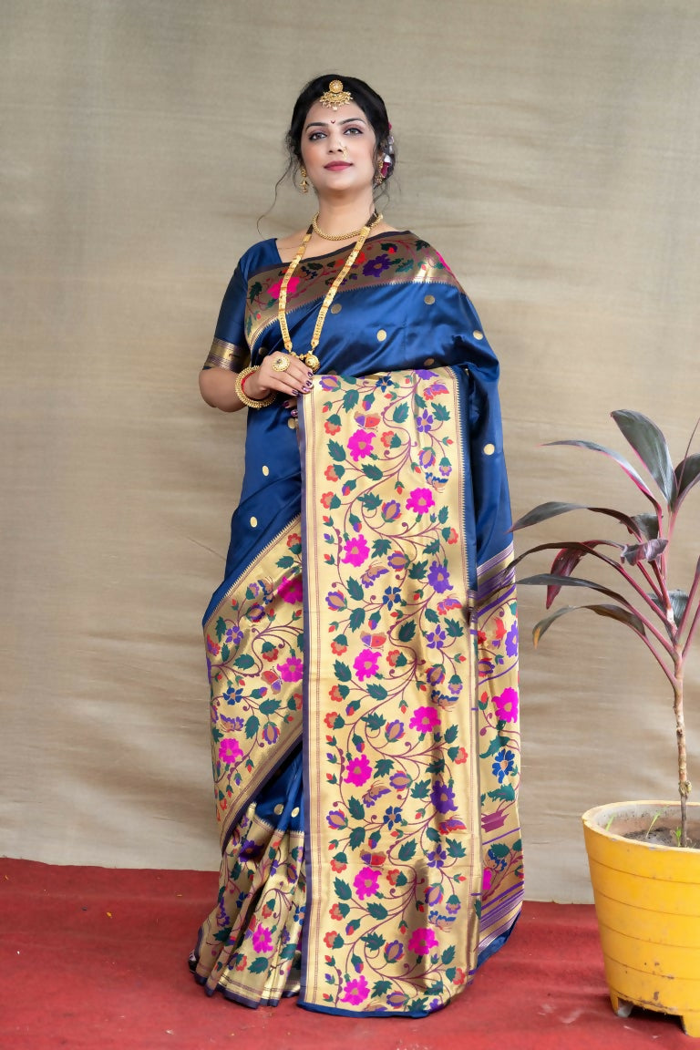 Navy blue Paithani silk saree with elegant zari woven borders and matching blouse piece