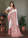 White soft silk Pashmina saree with thread weave detailing and unstitched blouse
