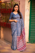Elegant grey silk blend Ajrak saree with bhandi prints and unstitched blouse
