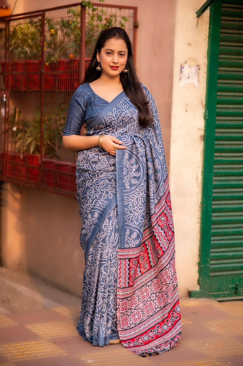 Elegant grey silk blend Ajrak saree with bhandi prints and unstitched blouse