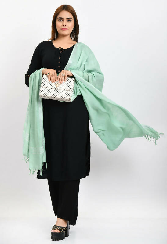 Pista Green Linen Cotton Dupatta with Elegant Silver Border